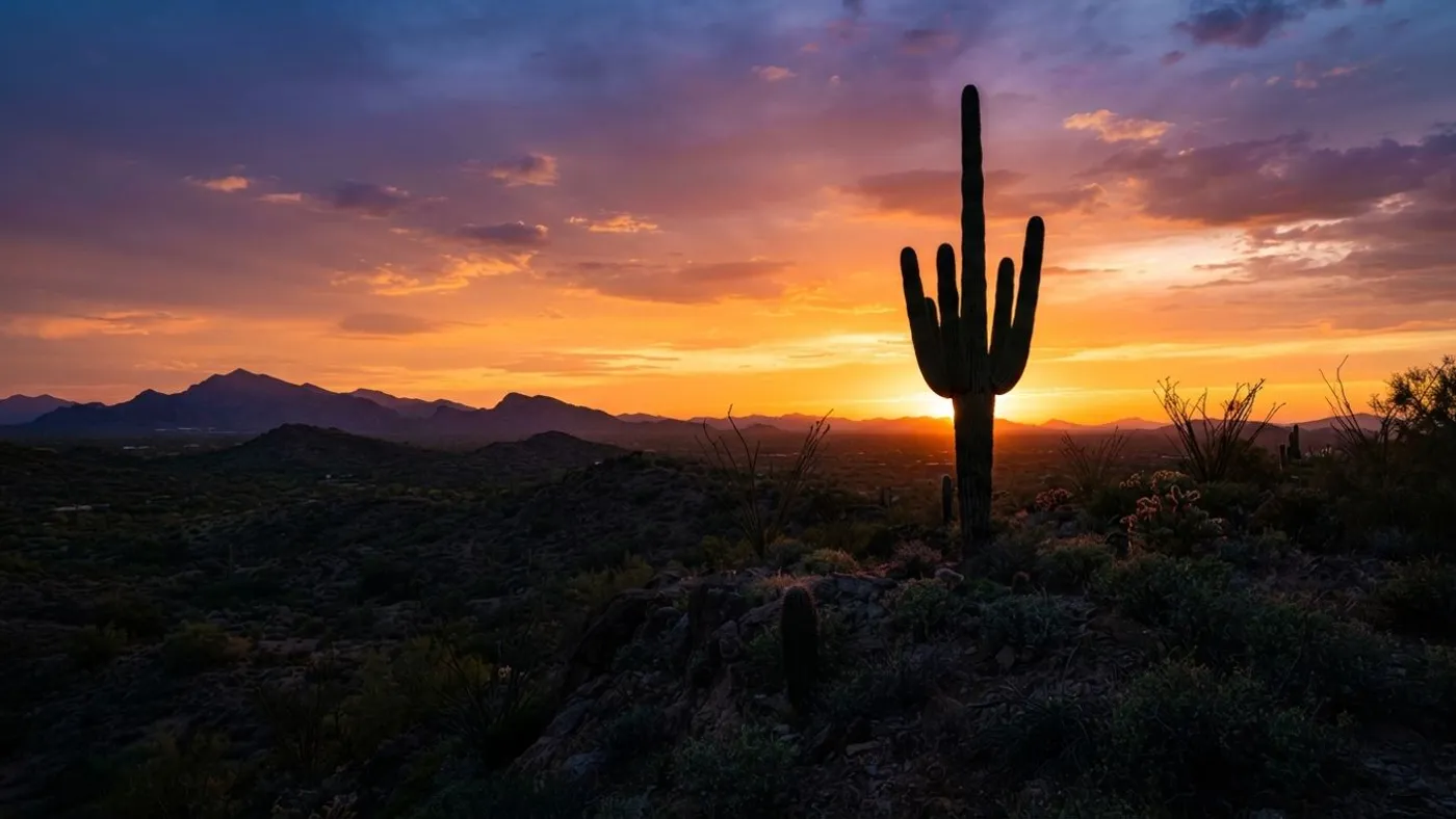 A saguaro cactus silhouetted against an orange and purple sunset over the Sonoran Desert, with mountains along the horizon.