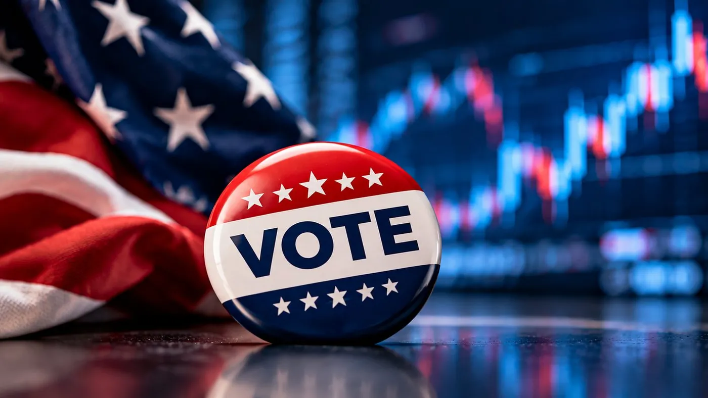 A red, white and blue VOTE button resting in front of a draped American flag, with a blurred stock market chart glowing in the background.